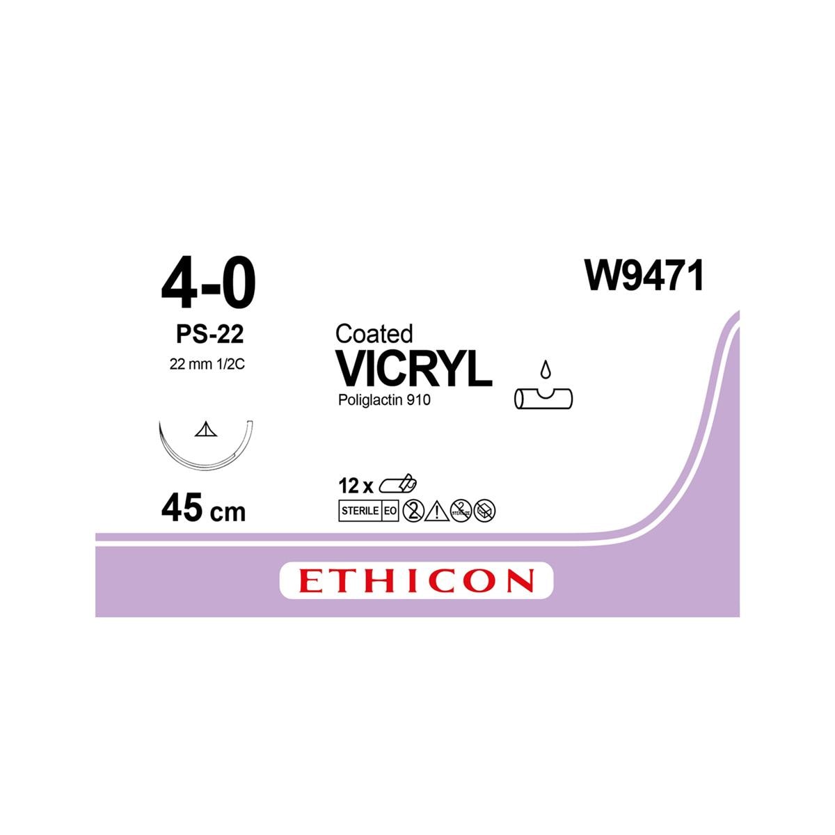 Ethicon Sutures Vicryl Violet 4/0 1/2 Circle Conventional Cutting 22mm W9471 12pk