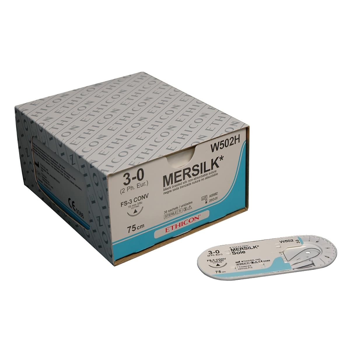 Mersilk Sutures Black Coated 75cm 3-0 3/8 Circle Conventional Cutting FS-3 16mm W502H 36pk