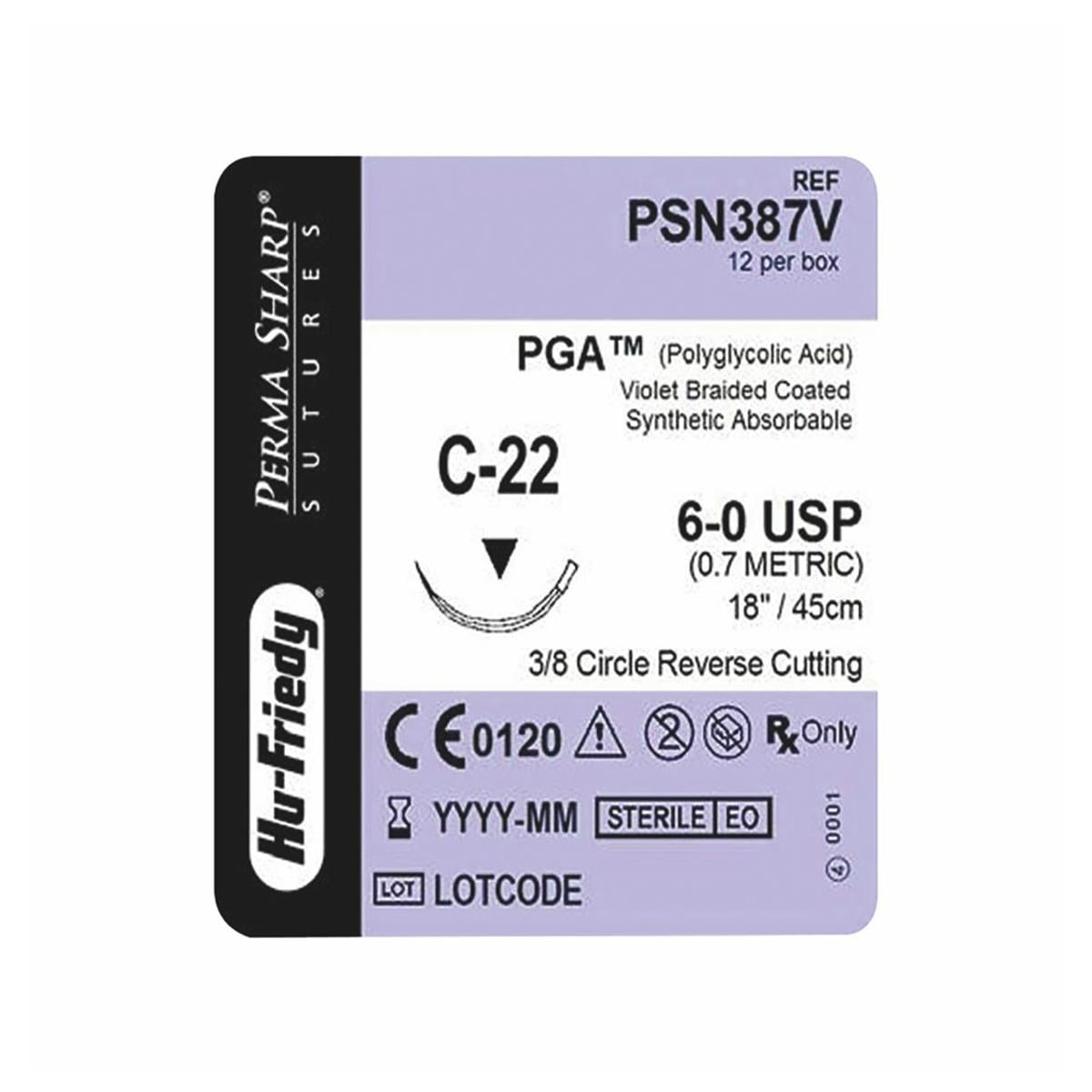 PGA Sutures Violet Coated 45cm 6-0 3/8 Circle Reverse Cutting C-22 16.2mm PSN387V 12pk