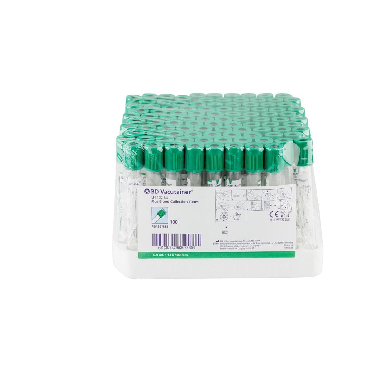 BD Vacutainer Plastic Lithium Heparin tube with Green BD Hemogard Closure 100pk