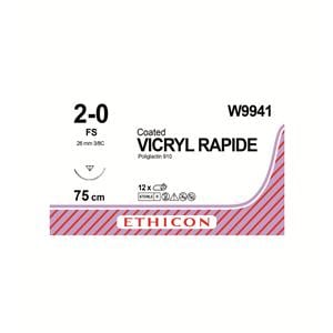 Vicryl Rapide Sutures Undyed Coated 75cm 2-0 3/8 Circle PRIME Reverse Cutting FS 26mm W9941 12pk