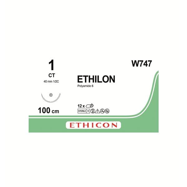 ETHILON Sutures Black Uncoated 100cm 1-0 1/2 Circle Taper Point CT 40mm W747 12pk