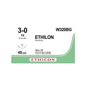 ETHILON Sutures Black Uncoated 45cm 3-0 3/8 Circle Reverse Cutting Needle FS 26mm W320BG 12pk