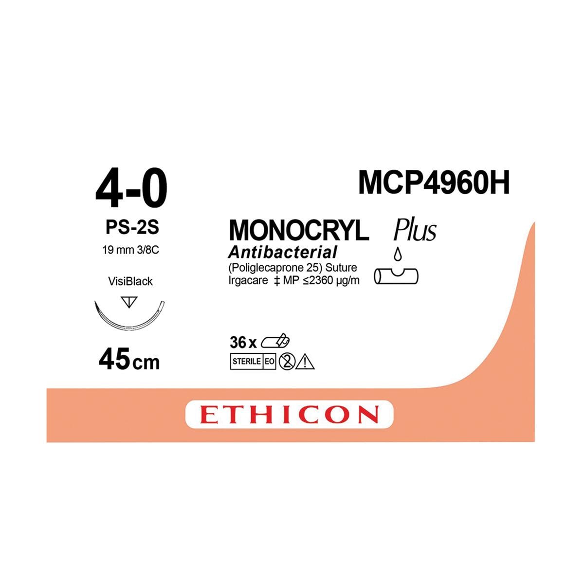 MONOCRYL Plus Sutures Undyed Uncoated 45cm 4-0 3/8 Circle PRIME Reverse Cut PS-2 19mm MCP496H 36pk