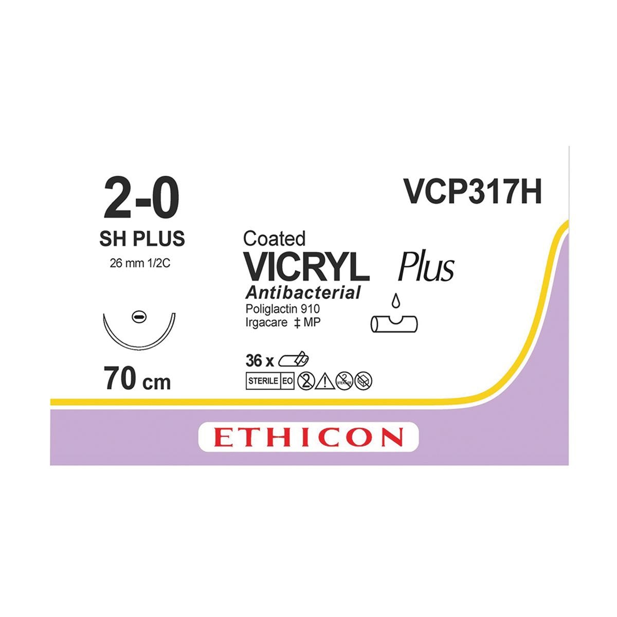 VICRYL Plus Sutures Violet Coated 70cm 2-0 1/2 Circle Taper Point Plus SH 26mm VCP317H 36pk