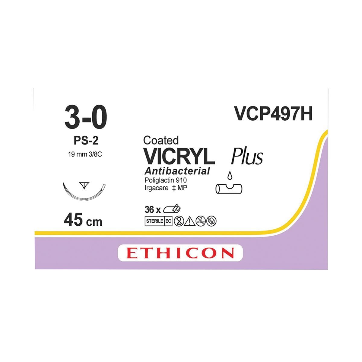 VICRYL Plus Sutures Undyed Coated 45cm 3-0 3/8 Circle PRIME Reverse Cutting PS-2 19mm VCP497H 36pk