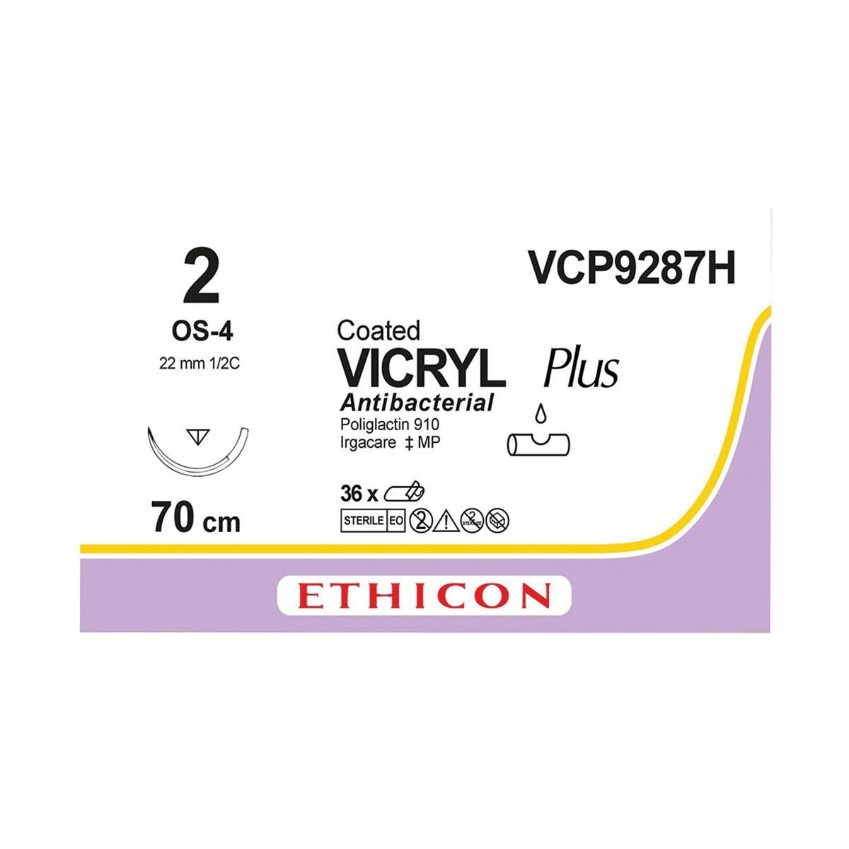 VICRYL Plus Sutures Violet Coated 70cm 2-0 1/2 Circle Reverse Cutting OS-4 22mm VCP9287H 36pk