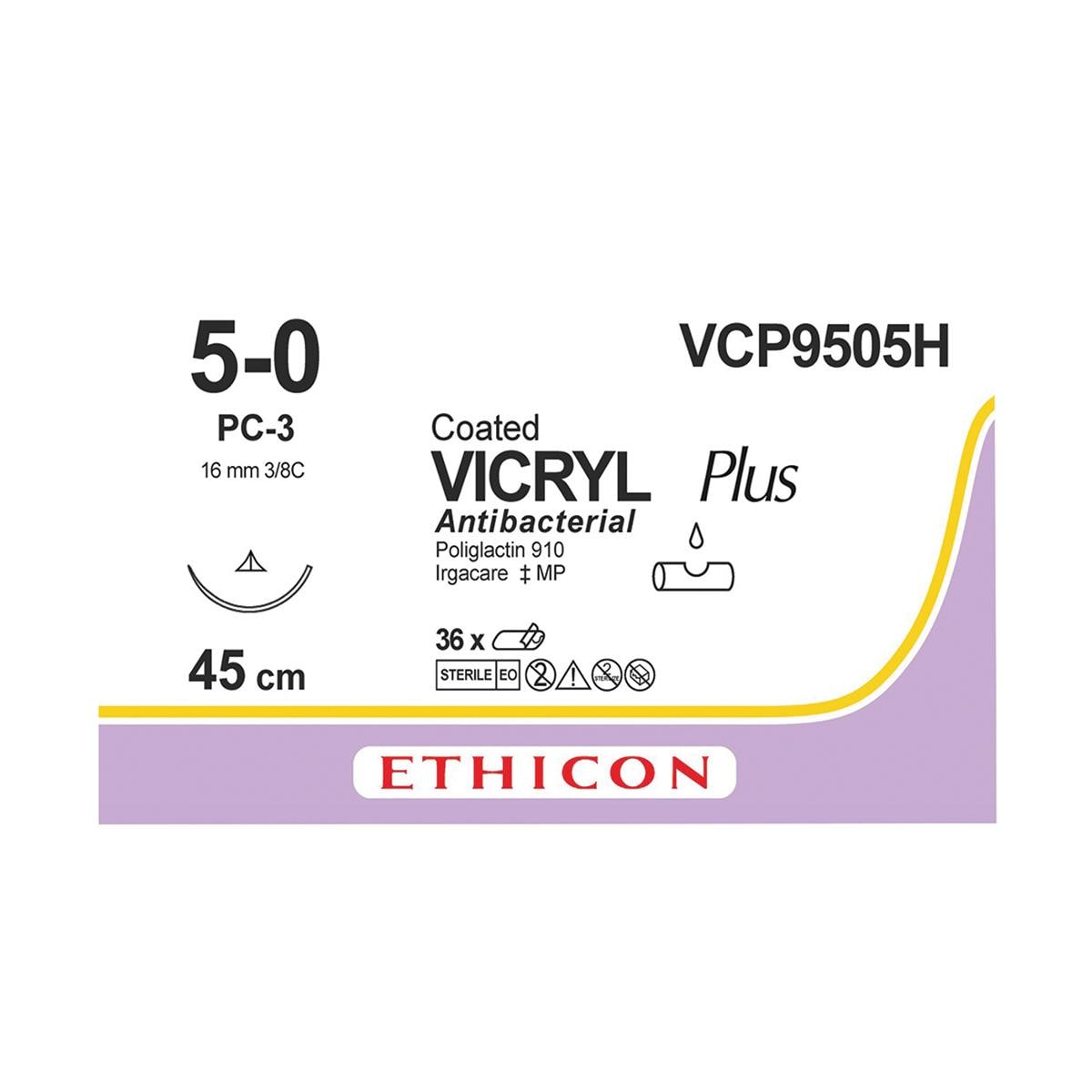 VICRYL Plus Sutures Undyed Coated 45cm 5-0 3/8 Circle PRIME Conventional Cut PC-3 16mm VCP9505H 36pk