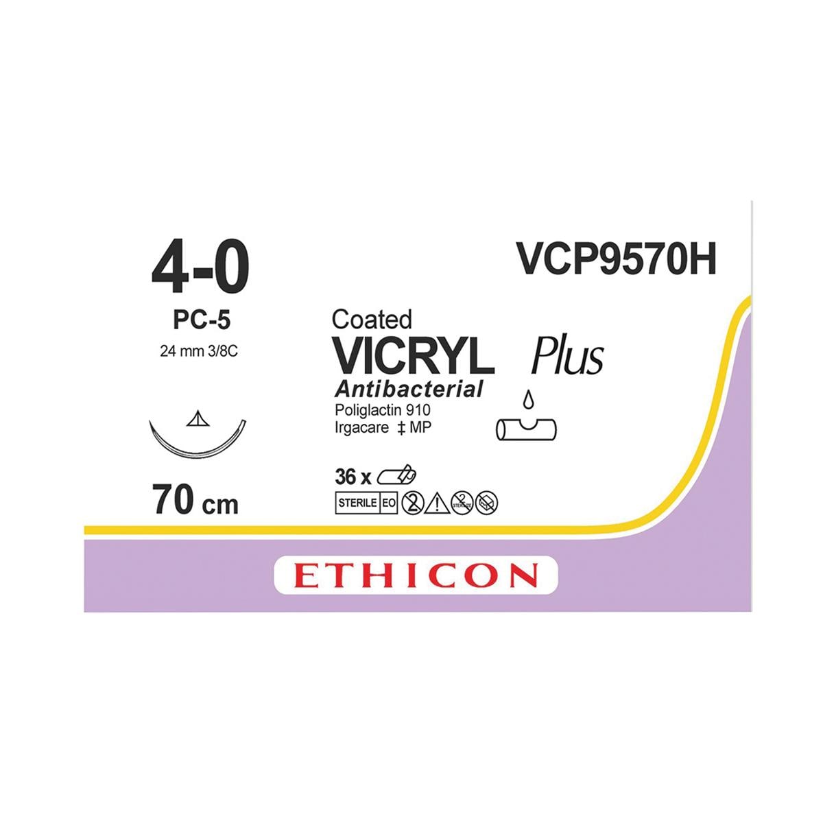 VICRYL Plus Sutures Undyed Coated 70cm 4-0 3/8 Circle Conventional Cutting PC-5 19mm VCP9570H 36pk