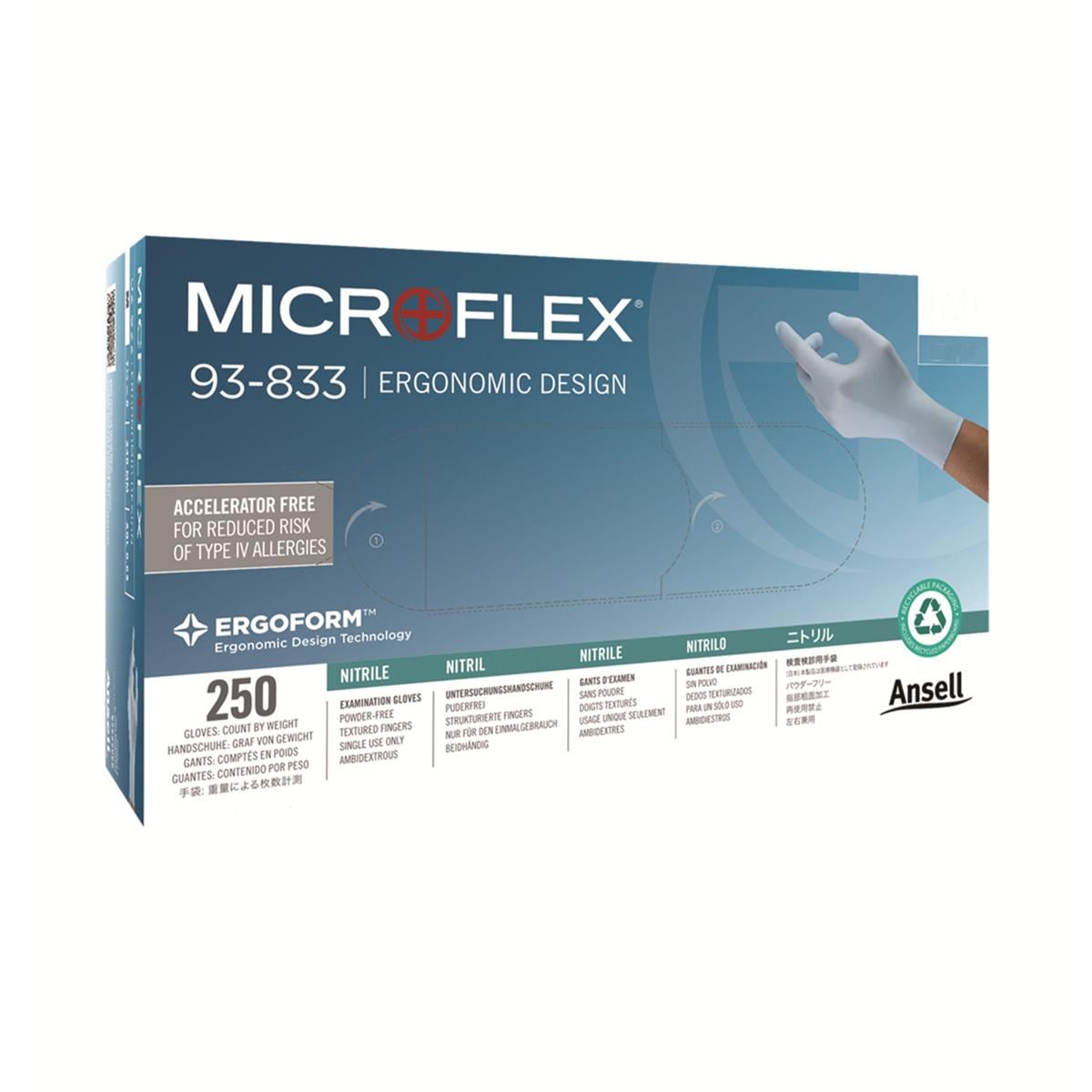 Microflex 93-833 Blue Nitrile Gloves Powder-Free X-Large 250pk