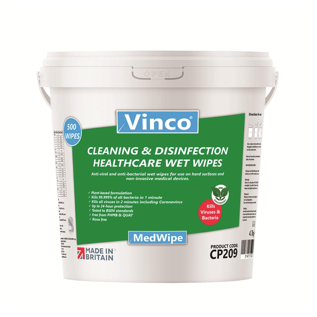 Vinco MedWipe Cleaning & Disinfection BiodegradableWipes Bucket 500pk